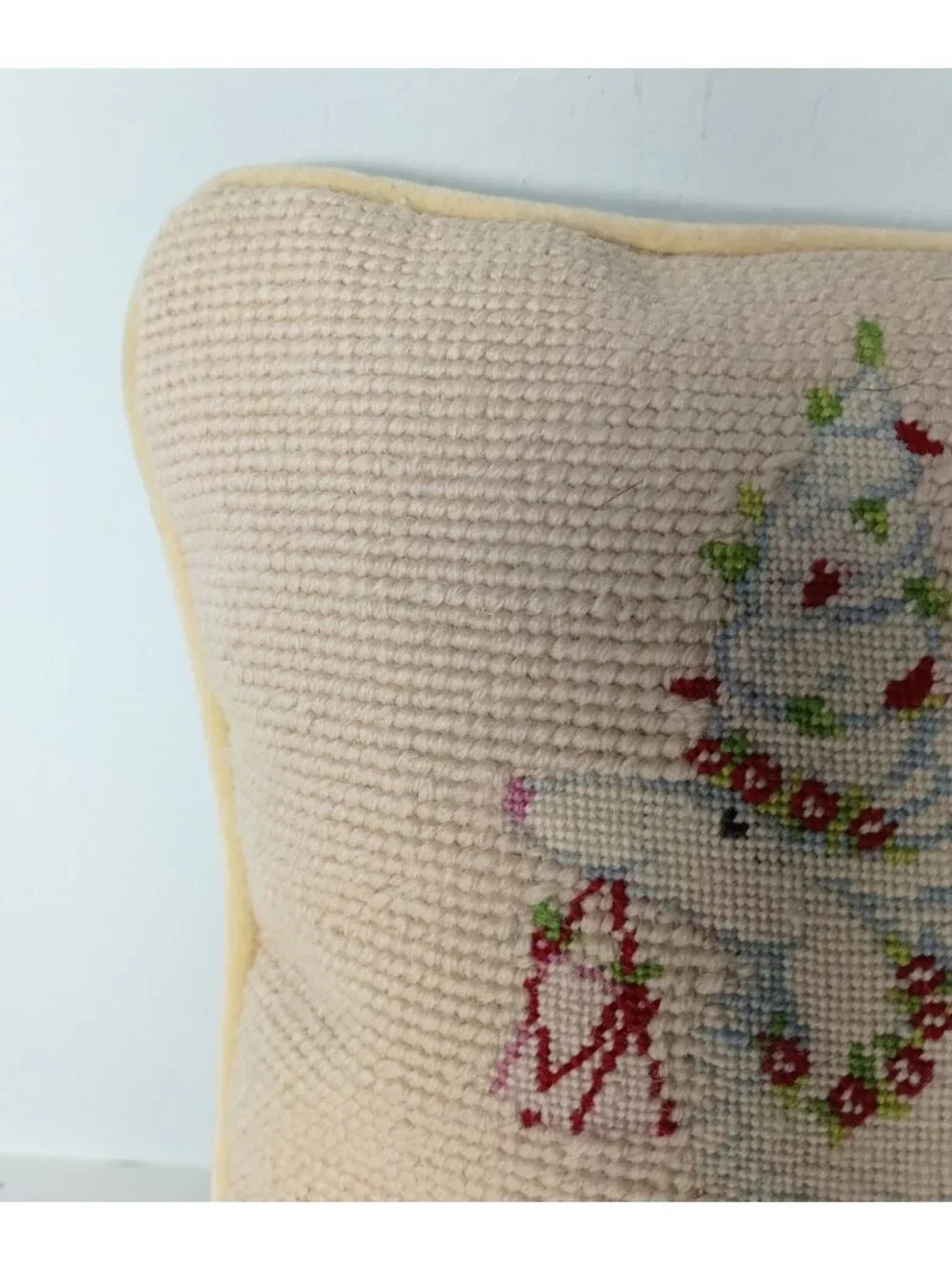 Vtg Wool Needlepoint Fancy Flower Dog Throw Pillow Velvet Back Whimsical 10x9.5